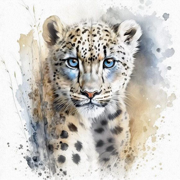 8x8 Snow Leopard Blue‎ Eyes Portrait Watercolor Fantasy Art Oil Painting Print - Picture 6 of 7